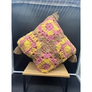 Vintage 12" X 12" Throw Pillow Crochet Tassles Granny Square Granny Core Cottage